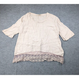 Stella Martini Linen Blouse Womens 1X Lagenlook Coastal COttage Coquette Lace
